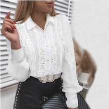 Load image into Gallery viewer, Women Sexy Lace Patchwork Hollow Out T-Shirt Long Sleeve Crew Neck Button Mesh Design Tops Spring Fashion White Vintage T Shirts
